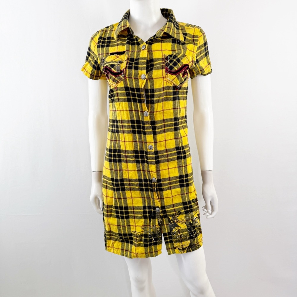 Sour n Cream Yellow Flannel Shirt Dress Size M Collared Short Sleeve 90s Grunge
